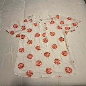 Como Blu Embroidered Boho Peasant Top Medium White Orange Pink Short Sleeve